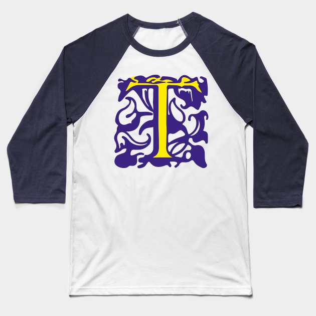 Letter T in yellow with violet ornaments Baseball T-Shirt by Creative Art Store